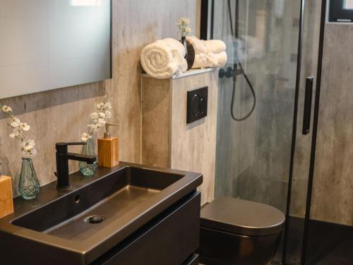 y baño con lavabo y ducha. en Luxury holiday home on the water, located in a holiday park in the Betuwe, en Maurik
