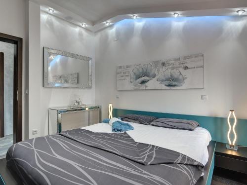 um quarto com uma cama e um espelho em Modern villa in Fa ana with private pool em Valbandon