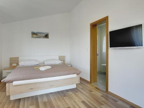 Schlafzimmer mit einem Bett und einem Flachbild-TV in der Unterkunft Modern Holiday Home with Pool in Pazin in Lindar
