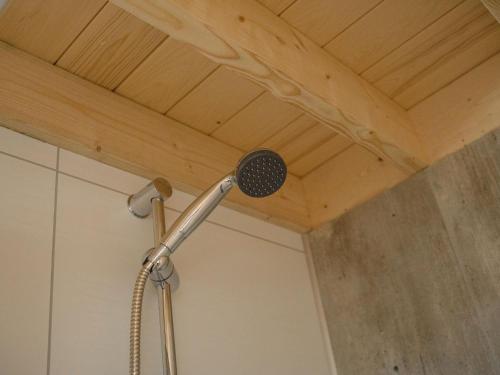 a shower head in a bathroom with a wooden ceiling at Tiny House by Dutch Waterfront Retreat in Maurik