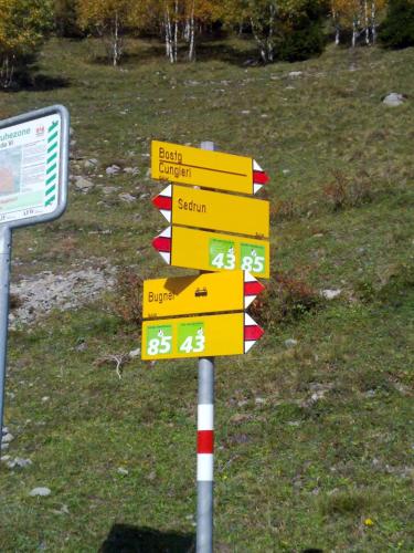 a street sign with yellow and red signs in a field at Hotel Mira in Sedrun