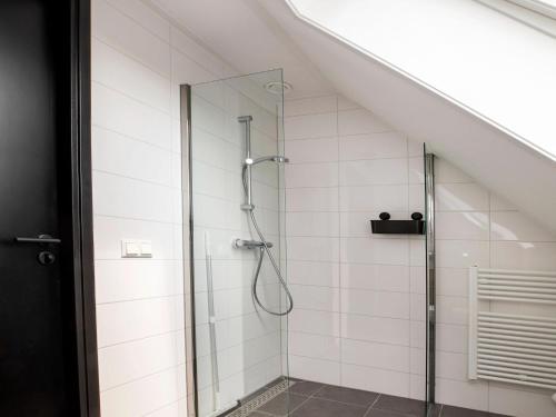 een badkamer met een douche en een glazen deur bij Modern villa with spacious garden, on a holiday park in Friesland in Sint Nicolaasga