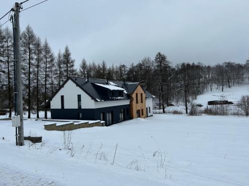 una casa in un campo con la neve per terra di Dolní Morava- Apartmán v Prostření Lipce a Králíky