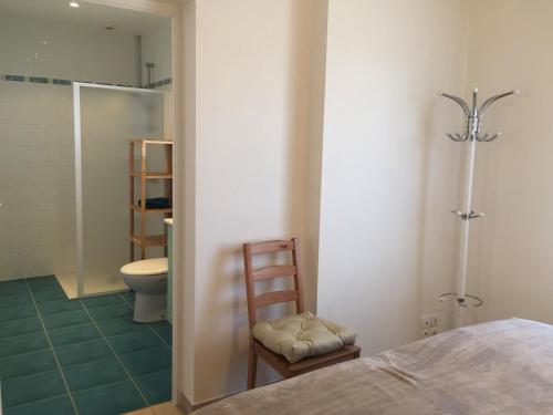 La salle de bains est pourvue de toilettes et d'une chaise. dans l'établissement Maison neuve avec jardin, plage à 1.5km, animaux acceptés, équipements familiaux et sportifs - FR-1-336-100, à Longeville-sur-Mer