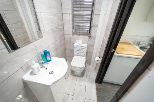a bathroom with a toilet and a sink and a shower at Ground floor studio close to the city! in Birmingham