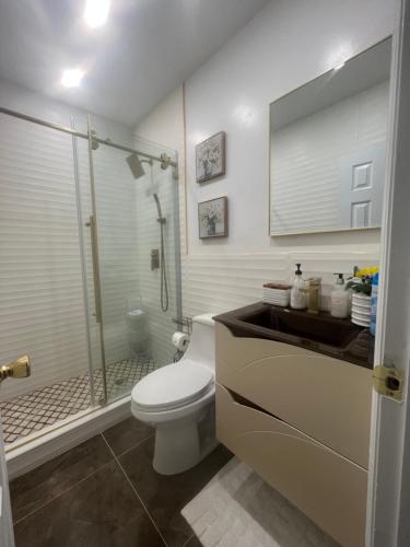 a bathroom with a toilet and a glass shower at Room at The Oasis in Brooklyn