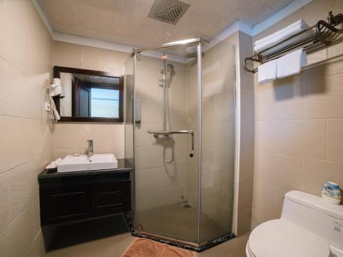 a bathroom with a shower with a sink and a toilet at Ladybird Sapa Hotel in Sa Pa