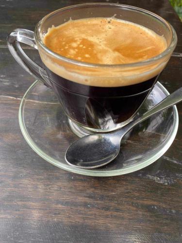 une tasse de café sur une assiette avec une cuillère dans l'établissement Monkey Temple Homestay, à Katmandou