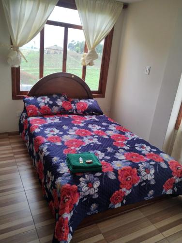 1 dormitorio con 1 cama con edredón azul y ventana en Finca Bella Vista Posada Rural, en Toca