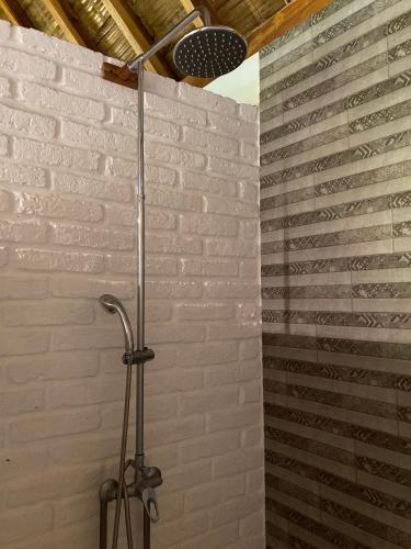 a shower in a bathroom with a brick wall at Hotel La Costa International Salango in Puerto López