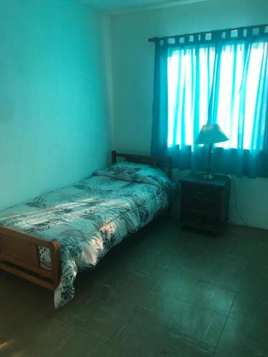 um quarto azul com uma cama e um candeeiro numa mesa de cabeceira em Family Hostel em Perito Moreno