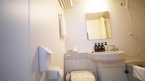 a bathroom with a sink and a toilet and a mirror at Toyokawa Grand Hotel in Toyokawa