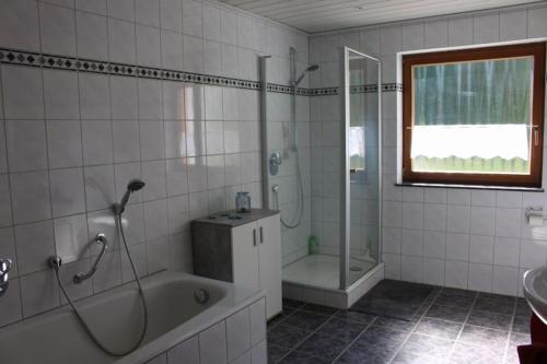 a bathroom with a shower and a tub and a sink at Ferienwohnung Link in Hellenthal