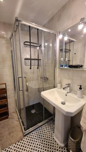 une salle de bain avec douche et lavabo dans l'établissement Grand Mas provençal, mer à 200m, parking privé fermé, piscine chauffée, à Sainte-Maxime