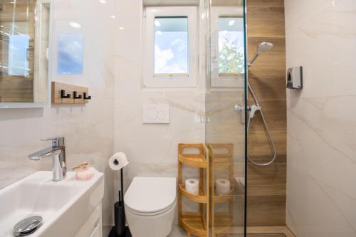 uma casa de banho com um WC, um lavatório e um chuveiro em Apartment CRYSTAL AURA 1 em Bohinj