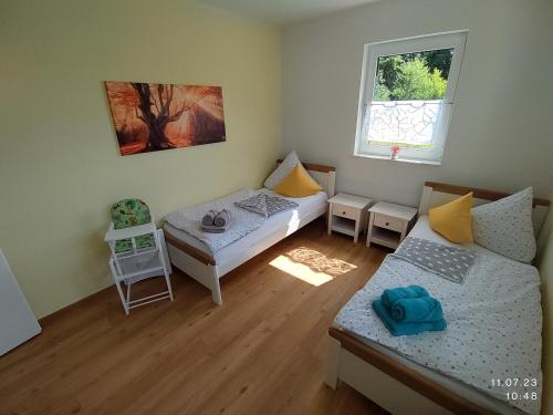 a small room with two beds and a window at Ferienapartment 21 in Kurort Gohrisch