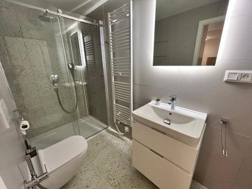 a bathroom with a sink and a shower and a toilet at Apartment Brno in Brno