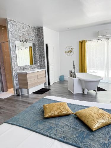 une salle de bain avec une baignoire et un lavabo et une baignoire dans l'établissement Château Lamothe, à Baziège