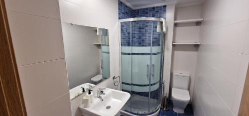 a small bathroom with a shower and a sink at La Isla Erbosa de Luanco - Garaje y Terraza - VUT-5019-AS in Luanco