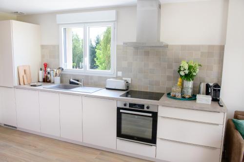 a kitchen with white cabinets and a sink and a window at Le Clos des Ecureuils in Saint-Héand