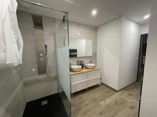 ein Badezimmer mit zwei Waschbecken und einer Glasdusche in der Unterkunft Chambres d’hôte en campagne in Montsaunès