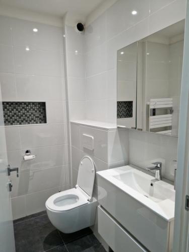 une salle de bain blanche avec des toilettes et un lavabo dans l'établissement Vista mare, à Ajaccio