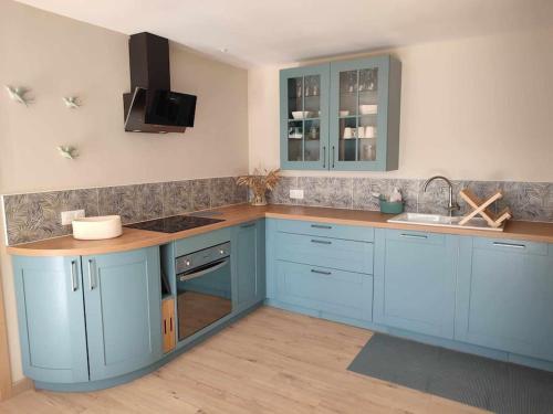 una cocina con armarios azules y fregadero en *charmant cosy entre terre et mer*, en Verton