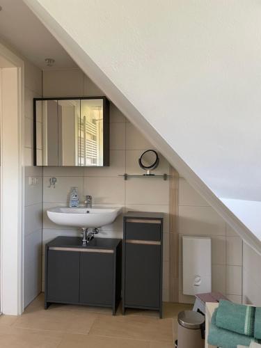a bathroom with a sink and a mirror at WITHA in Fuhlendorf