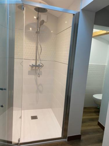 沙朗的住宿－Le Clos des Chênes，浴室里设有玻璃门淋浴