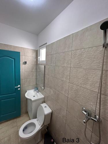 a bathroom with a toilet and a blue door at Locuință privată la mare in Schitul