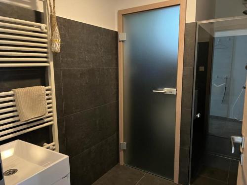 baño con puerta de ducha de cristal y lavamanos en Aradi 6 Apartman Pécs en Pécs