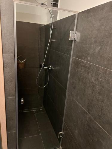 baño con ducha y puerta de cristal en Aradi 6 Apartman Pécs en Pécs
