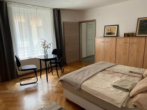Aradi 6 Apartman Pécs في بيتْش: غرفة نوم بسرير وطاولة وكراسي