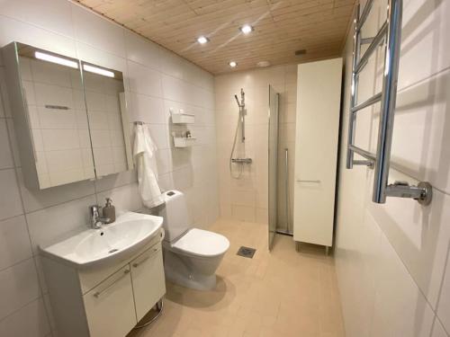 a white bathroom with a toilet and a sink at Tilava yksiö 35,5 m2 merenrannalla in Helsinki