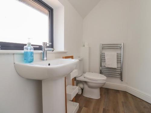 a white bathroom with a sink and a toilet at Riverside Lodge in Alnmouth