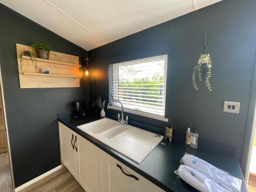 uma cozinha com um lavatório branco e uma janela em 16 Lake View, Pendle View Holiday Park, Clitheroe em Clitheroe