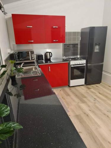 a kitchen with red cabinets and stainless steel appliances at Taharu'u Guest House By The Beach in Papara