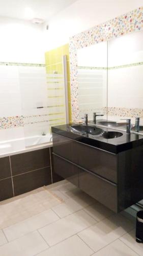 une salle de bain avec un lavabo, une baignoire et un miroir dans l'établissement Jolie maison de ville avec jardin arboré, à La Seyne-sur-Mer