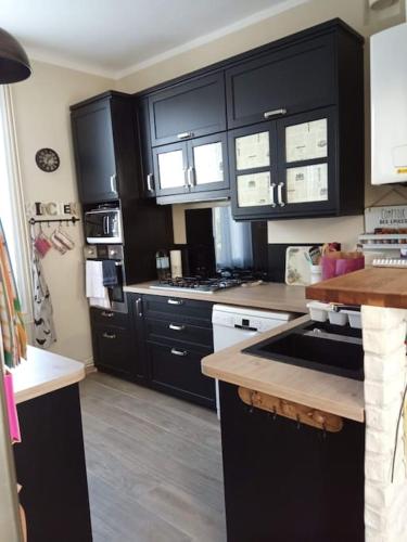 une cuisine avec des armoires noires et un comptoir dans l'établissement Jolie maison de ville avec jardin arboré, à La Seyne-sur-Mer
