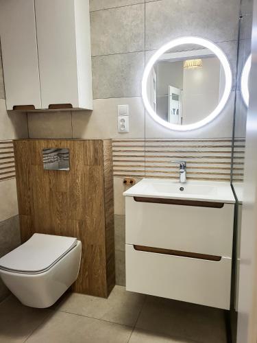uma casa de banho com um WC, um lavatório e um espelho. em Apartament Ceglany em Legnica