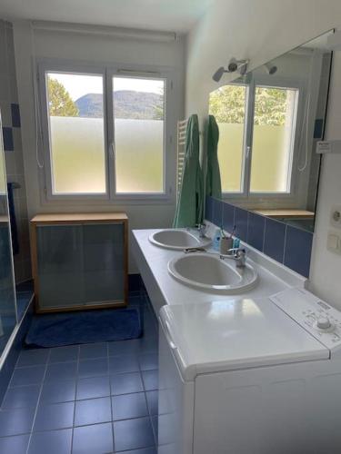 une salle de bain avec deux lavabos et deux fenêtres dans l'établissement Chez Peggy & Victor - Appartement 4/5 personnes, à Nâves-Parmelan