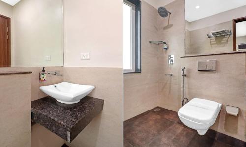 twee foto's van een badkamer met toilet en wastafel bij Hotel The Archer Artemis Hospital Road Sector 52 in Gurgaon