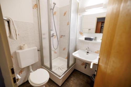 e bagno con doccia, servizi igienici e lavandino. di Drexl Gasthof Shiro a Schondorf am Ammersee