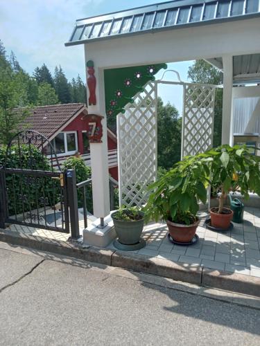 a gas station with potted plants in front of a gate at Haus Wiesental in Kleines Wiesental