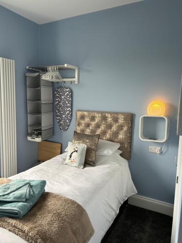 a blue bedroom with a bed and a tv at Acorn Lodge in Torquay