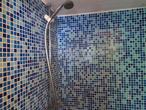 ein Bad mit einer Dusche und blauen Wandfliesen in der Unterkunft Studio indépendant en résidence avec extérieur in Portalban- Dessous