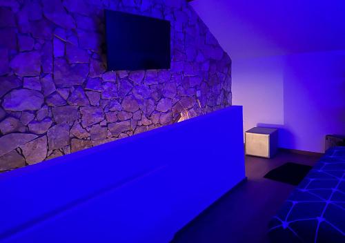 a room with a stone wall with a tv on it at Suzy Home 2 in Moisenay