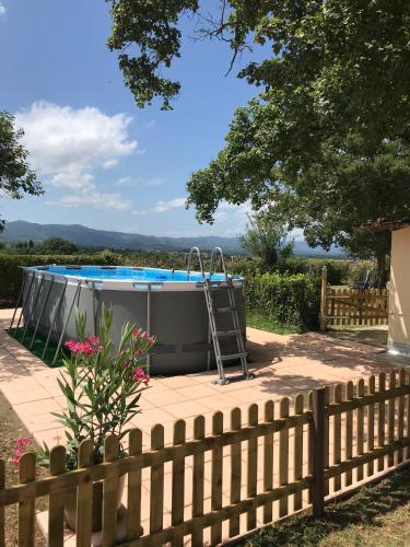 a hot tub in a yard with a fence at Casa le Rondini Toscana in Bucine