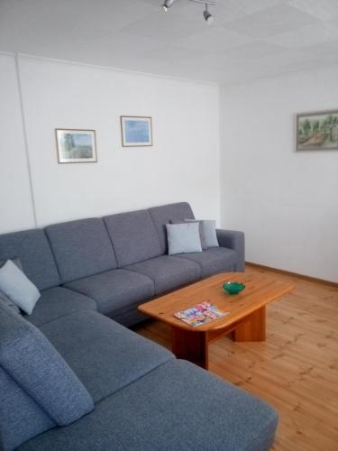 a living room with a blue couch and a wooden table at Ferienwohnungen Schenk Schmitz in Bad Bertrich