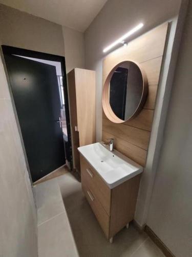 une salle de bain avec un lavabo et un miroir dans l'établissement Le Carnot hyper centre, à Avignon